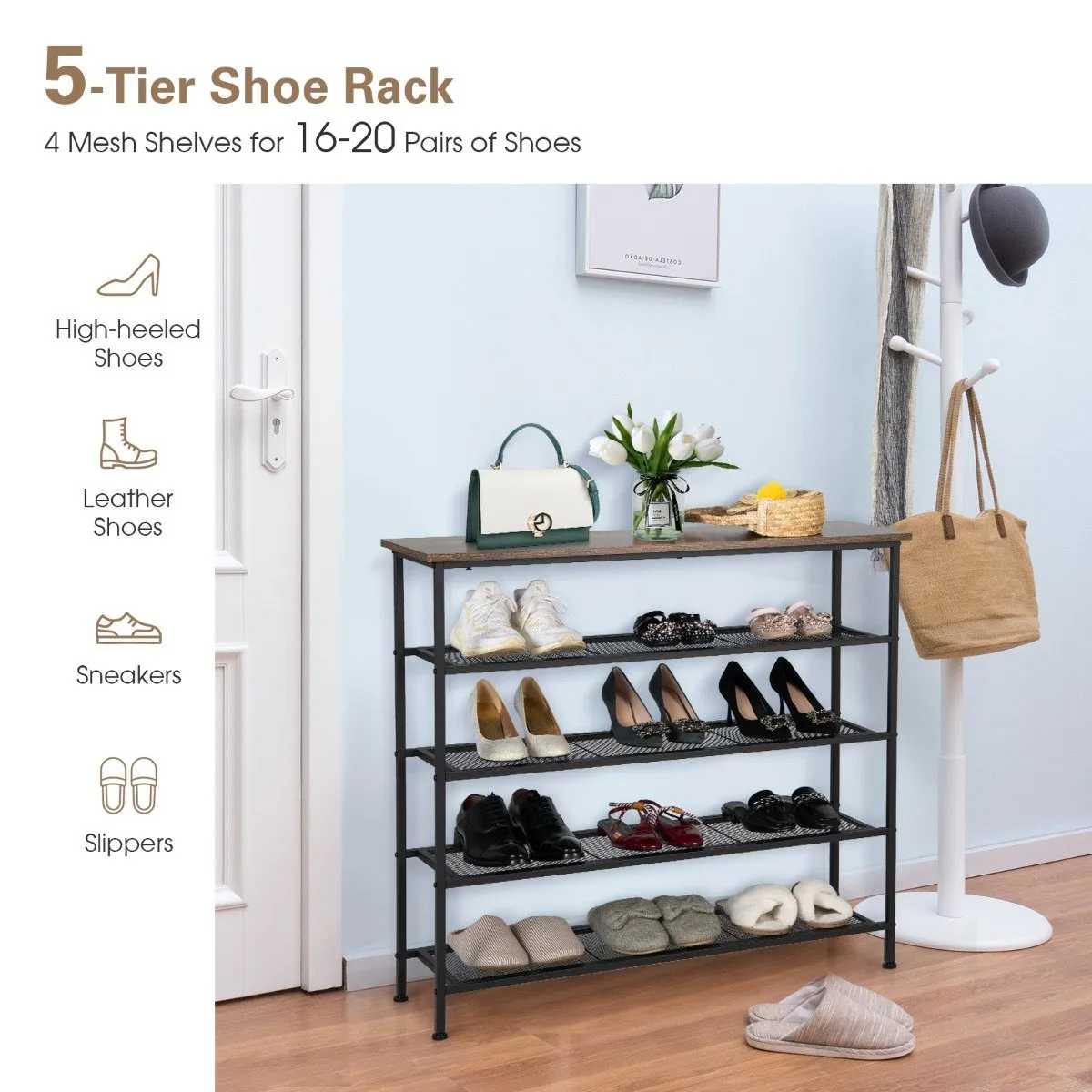 5-Tier Shoe Storage Rack with Metal Mesh Shelves and Wooden Top-Brown