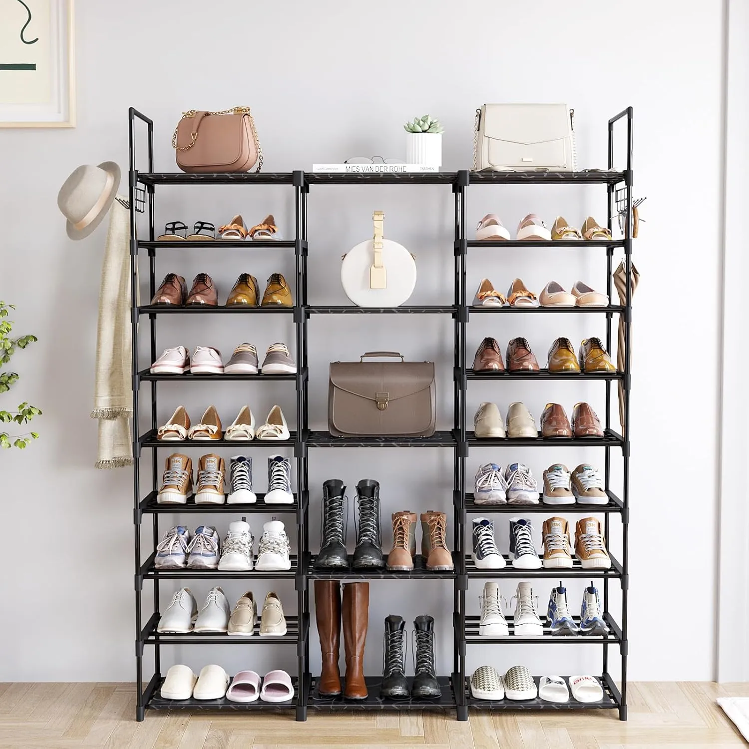 9 Tiers Shoe Rack Organizer, Black, 50-55 Pairs, Stackable Metal Shelf with Hooks for Entryway