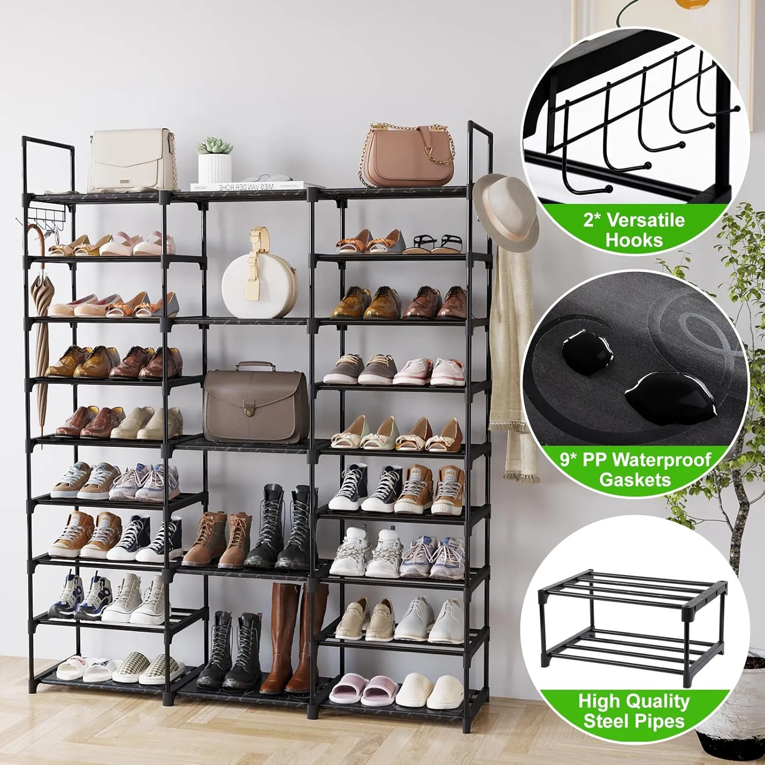 9 Tiers Shoe Rack Organizer, Black, 50-55 Pairs, Stackable Metal Shelf with Hooks for Entryway