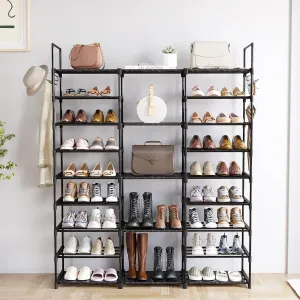 9 Tiers Shoe Rack Organizer, Black, 50-55 Pairs, Stackable Metal Shelf with Hooks for Entryway
