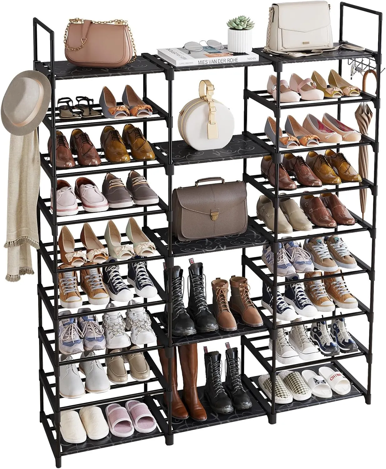 9 Tiers Shoe Rack Organizer, Black, 50-55 Pairs, Stackable Metal Shelf with Hooks for Entryway