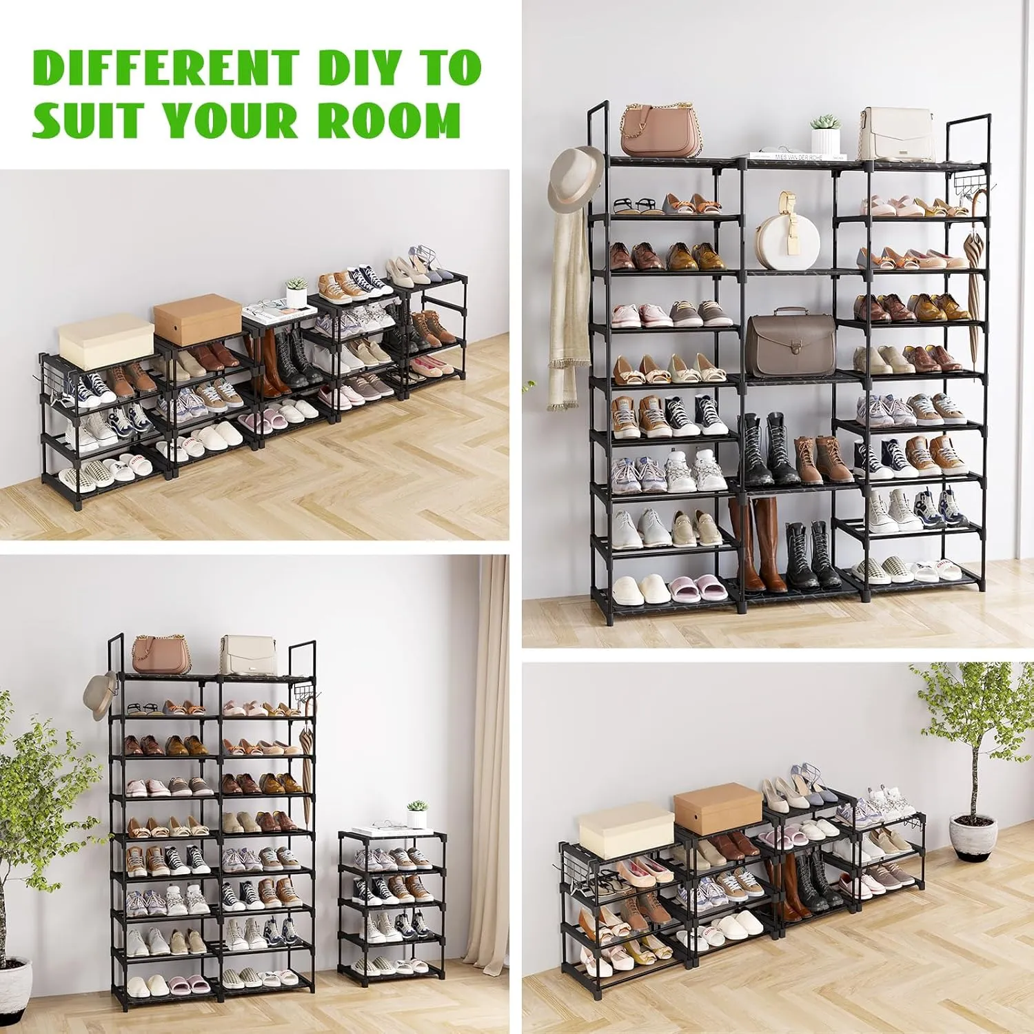 9 Tiers Shoe Rack Organizer, Black, 50-55 Pairs, Stackable Metal Shelf with Hooks for Entryway
