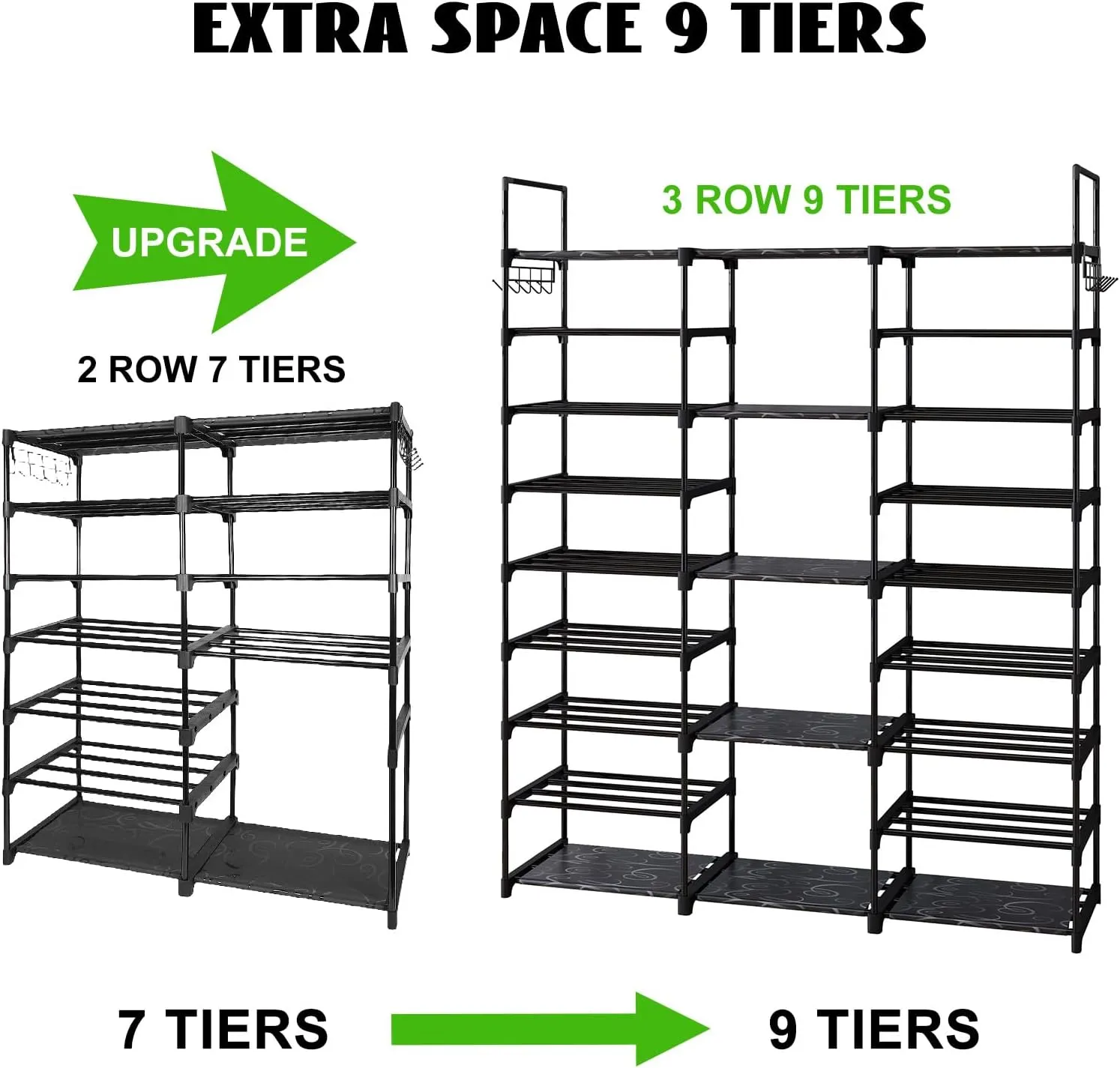 9 Tiers Shoe Rack Organizer, Black, 50-55 Pairs, Stackable Metal Shelf with Hooks for Entryway