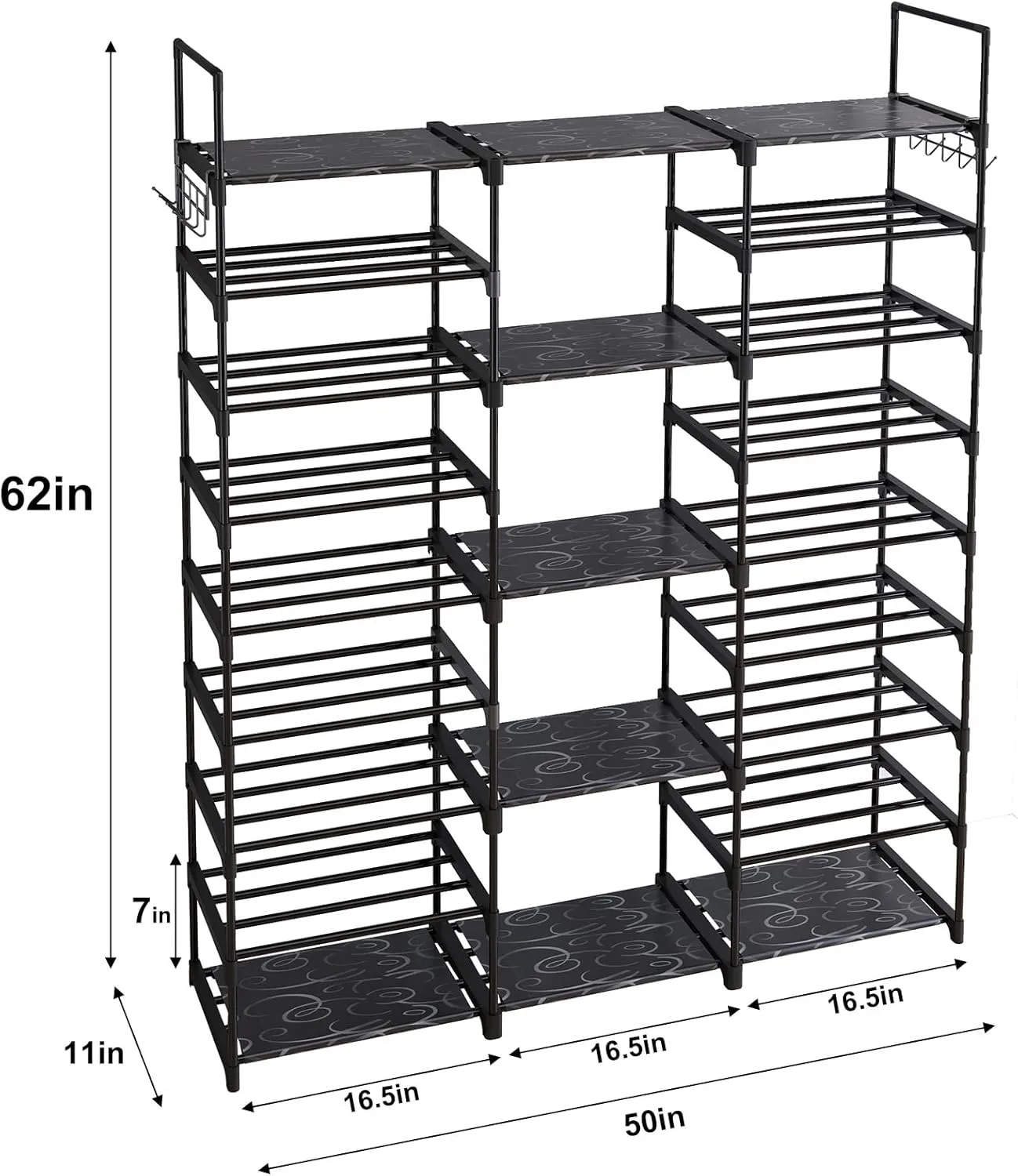 9 Tiers Shoe Rack Organizer, Black, 50-55 Pairs, Stackable Metal Shelf with Hooks for Entryway