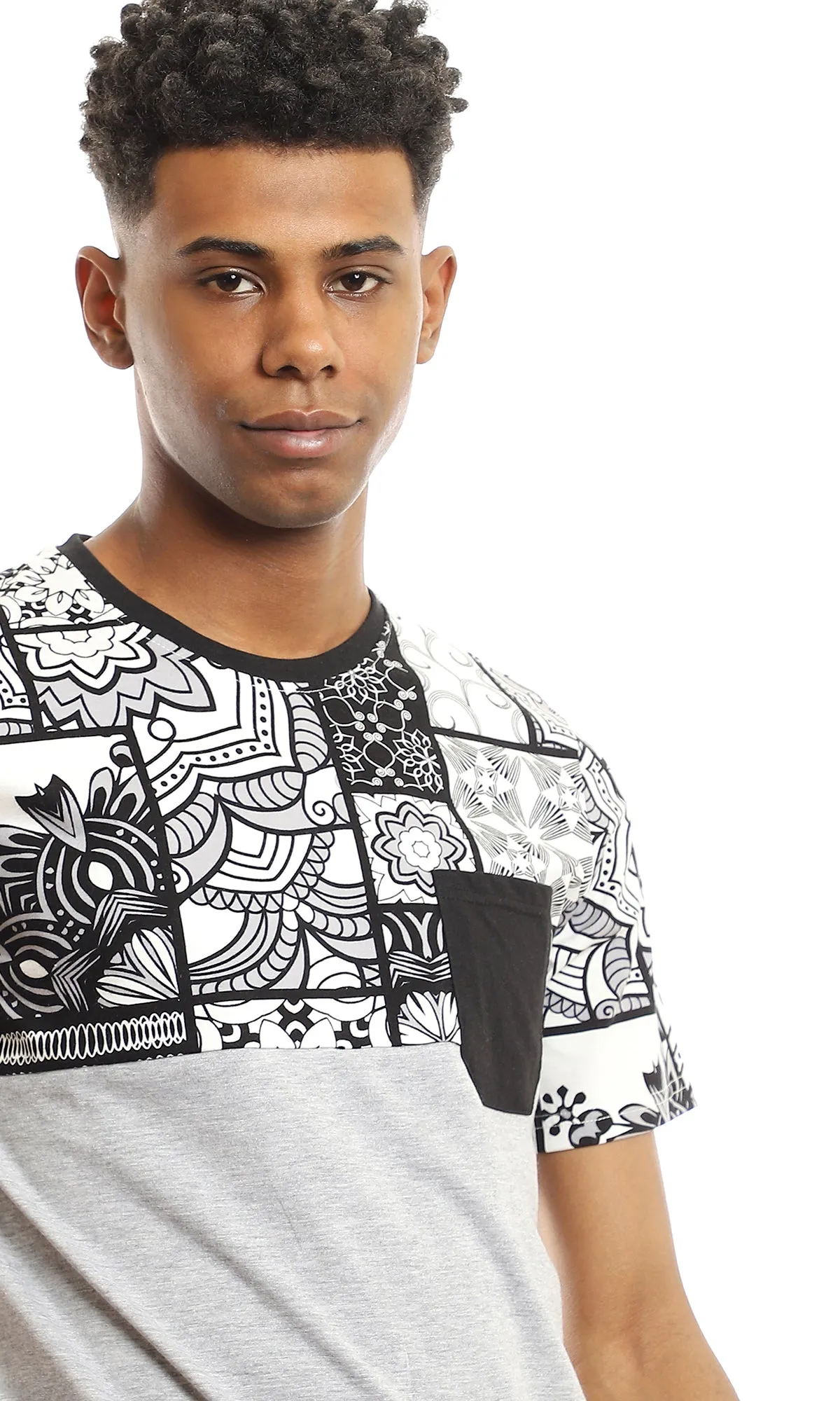 97650 Upper Patterned T-Shirt With Side Pocket - Heather Light Grey, Black & White