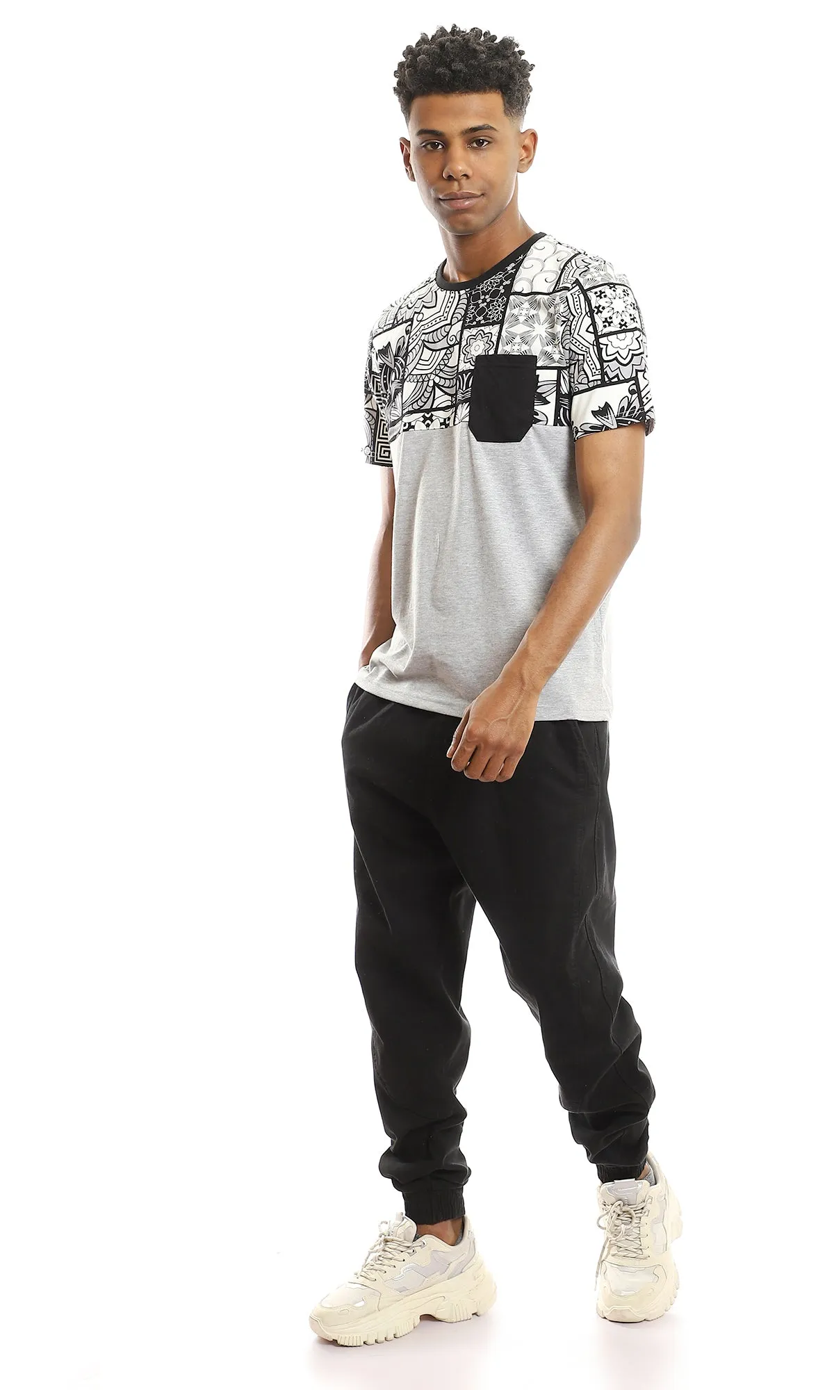 97650 Upper Patterned T-Shirt With Side Pocket - Heather Light Grey, Black & White