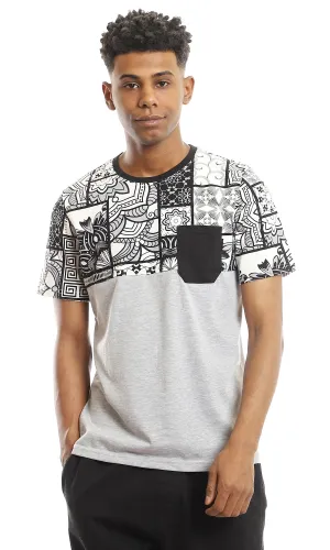 97650 Upper Patterned T-Shirt With Side Pocket - Heather Light Grey, Black & White