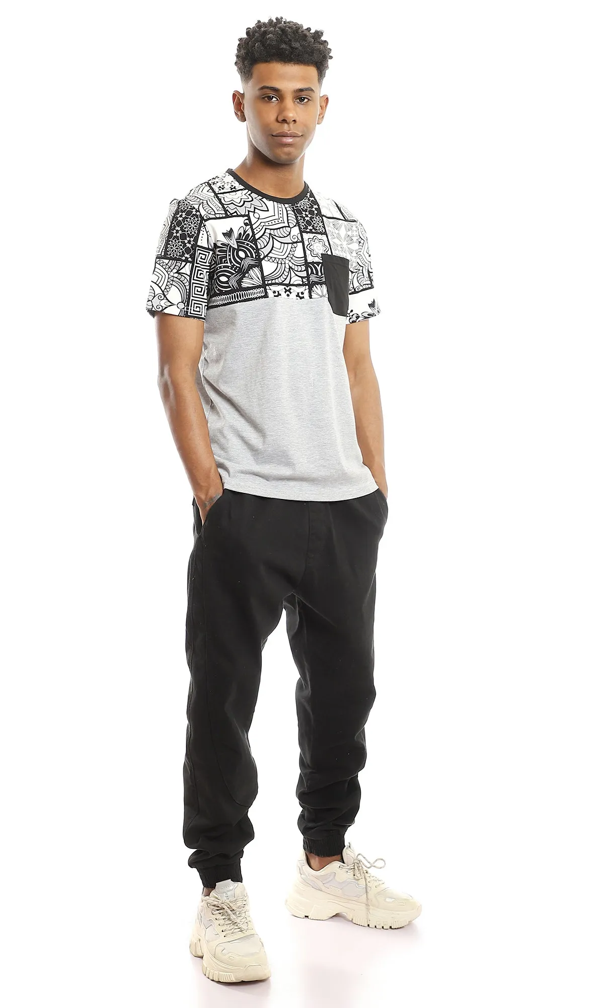 97650 Upper Patterned T-Shirt With Side Pocket - Heather Light Grey, Black & White