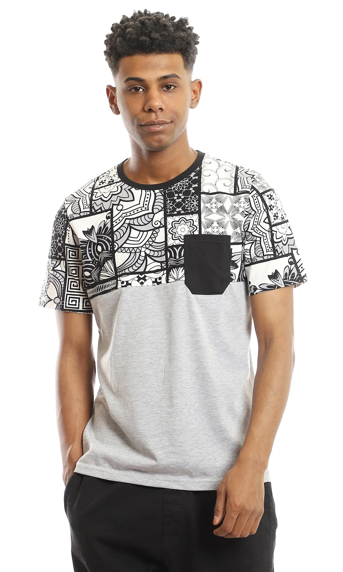 97650 Upper Patterned T-Shirt With Side Pocket - Heather Light Grey, Black & White