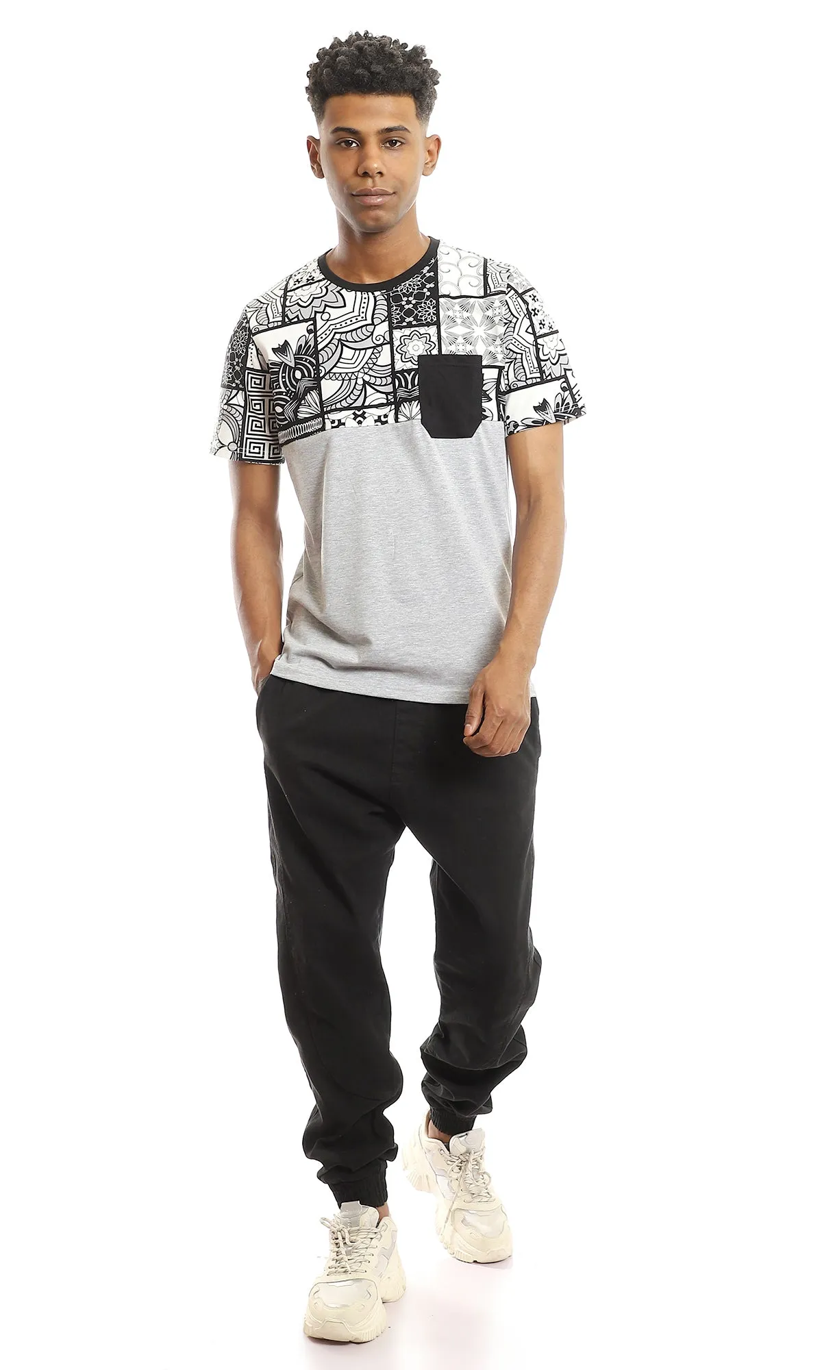97650 Upper Patterned T-Shirt With Side Pocket - Heather Light Grey, Black & White