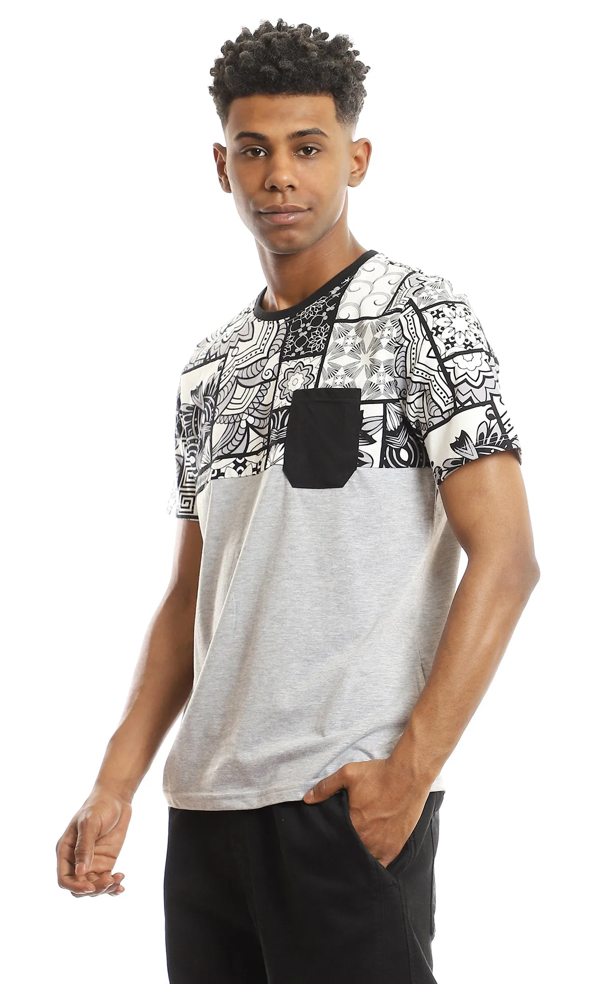97650 Upper Patterned T-Shirt With Side Pocket - Heather Light Grey, Black & White