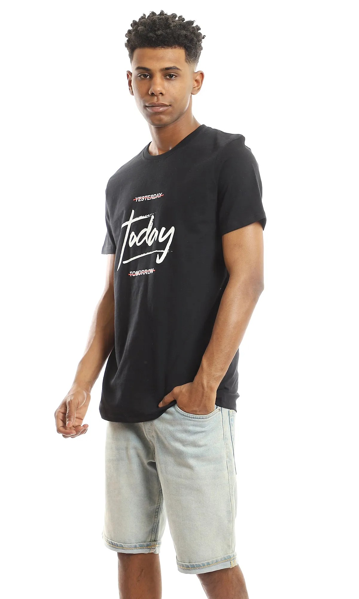97745 Chest Printed Round Neck T-Shirt - Black