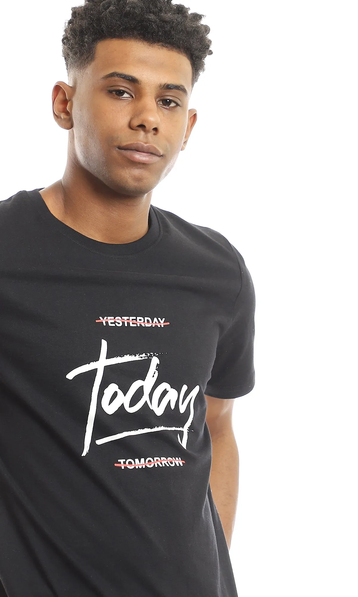 97745 Chest Printed Round Neck T-Shirt - Black