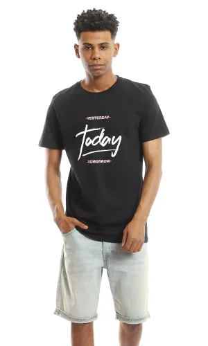 97745 Chest Printed Round Neck T-Shirt - Black