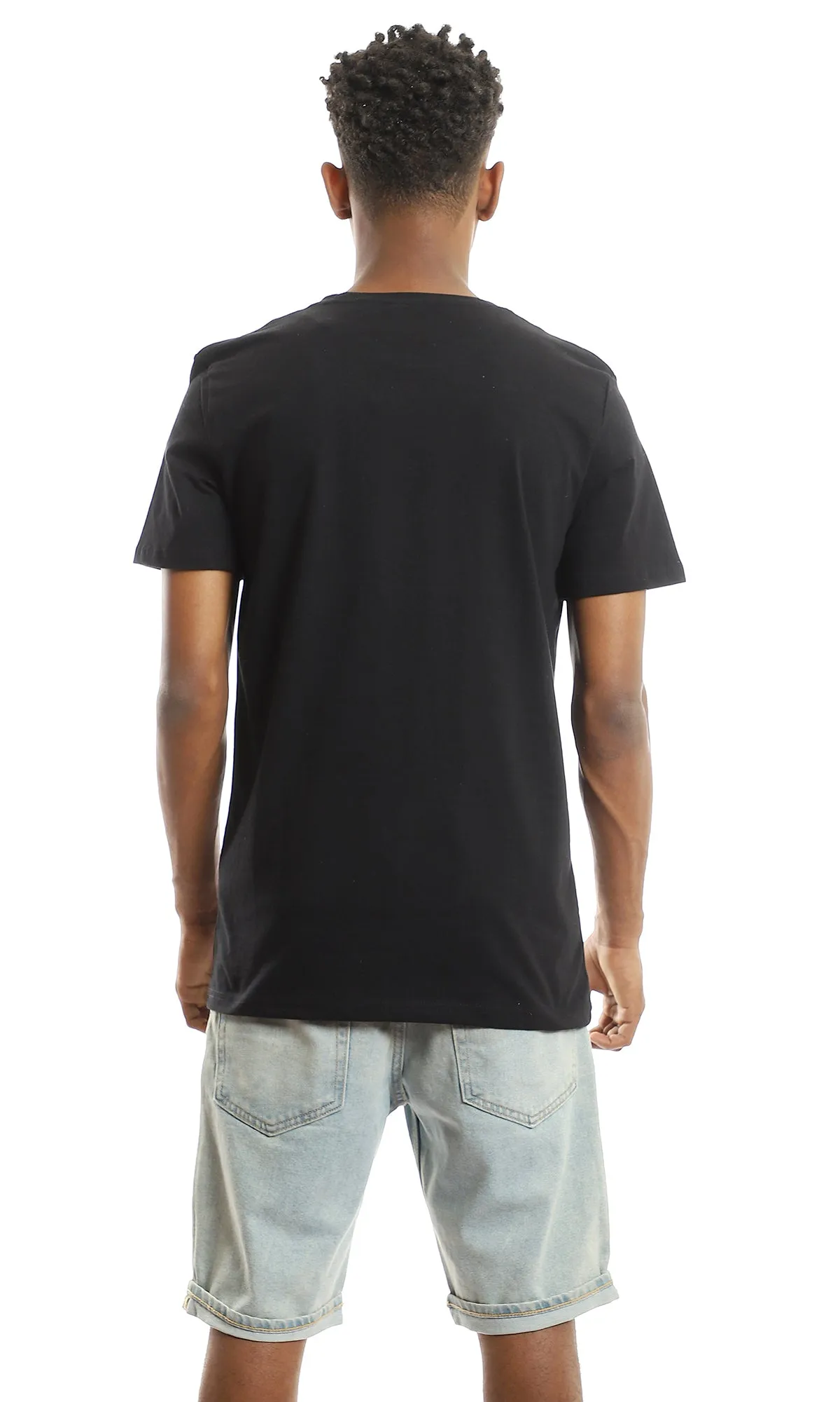 97745 Chest Printed Round Neck T-Shirt - Black
