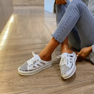 Belifi Crystal Elegance: Leather Lace-Up Jeweled Platform Mules