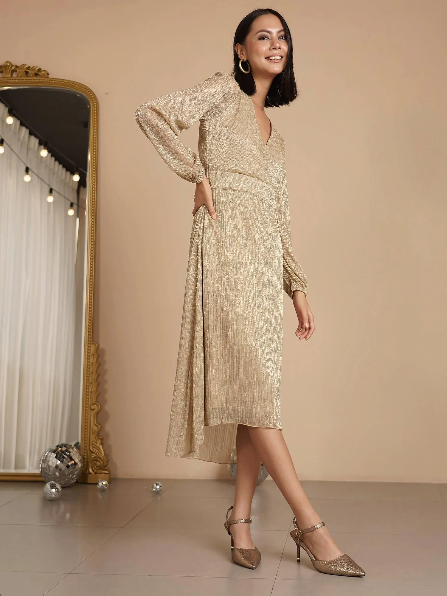 Beyonce Plisse Faux Wrap Dress - Golden