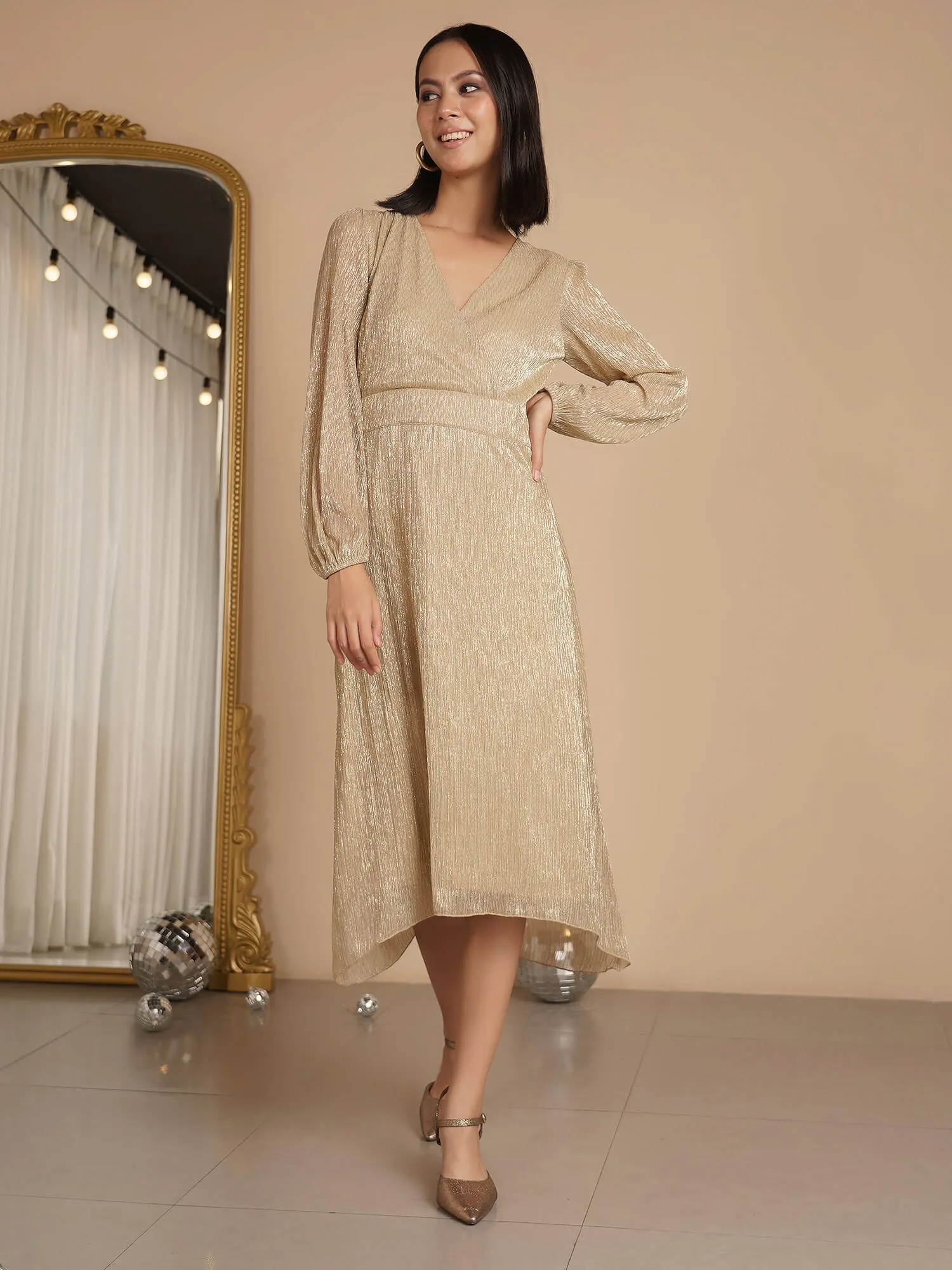Beyonce Plisse Faux Wrap Dress - Golden