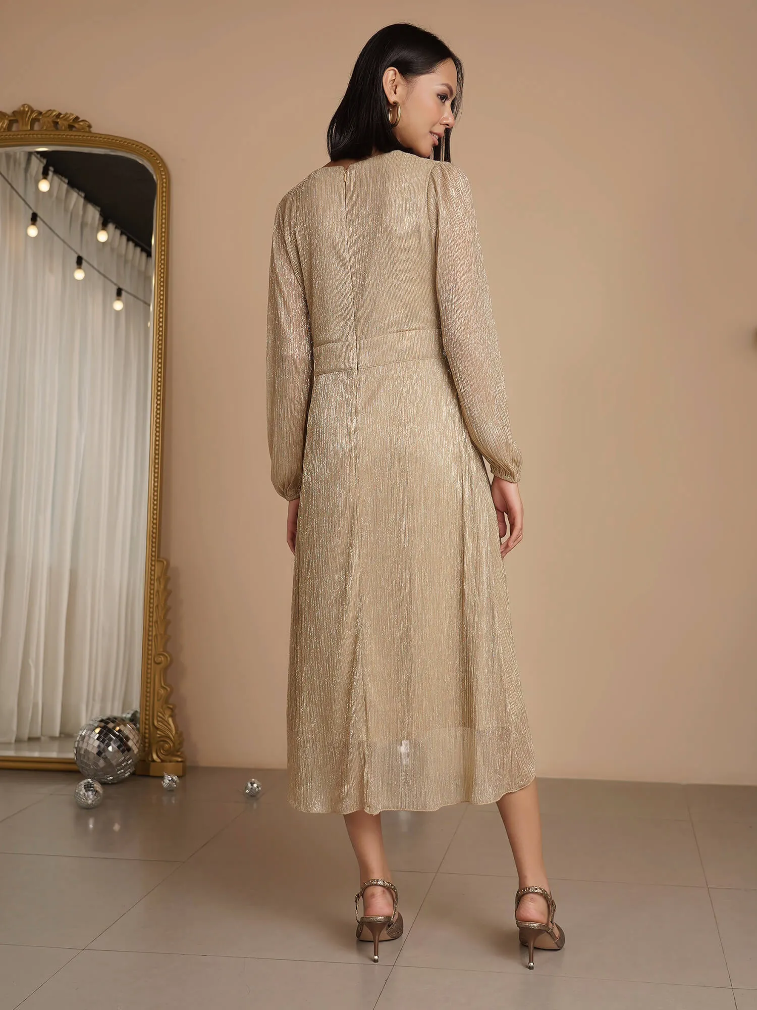 Beyonce Plisse Faux Wrap Dress - Golden