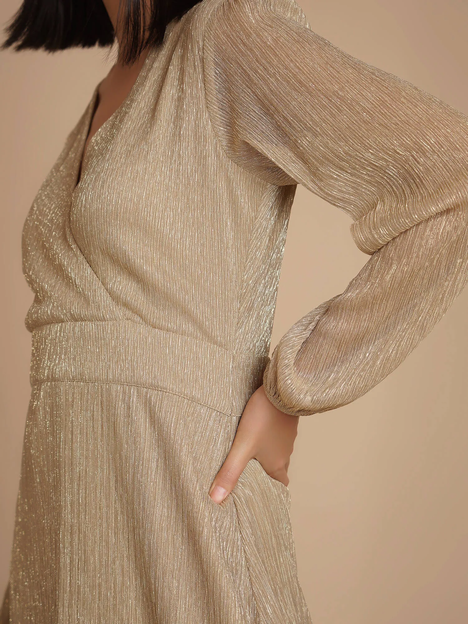 Beyonce Plisse Faux Wrap Dress - Golden