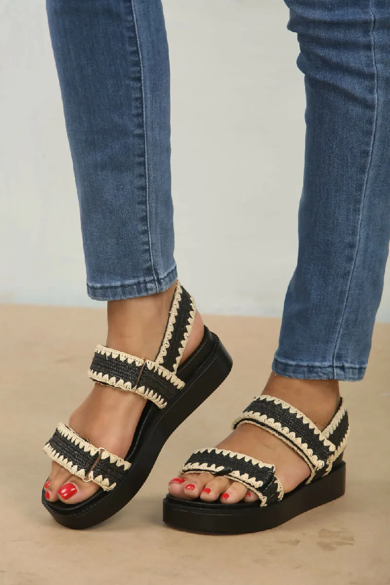 Black Raffia Flatform Strap Sandals (PACK OF 12 PAIRS UK3-UK8)