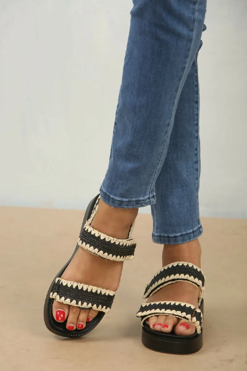 Black Raffia Flatform Strap Sandals (PACK OF 12 PAIRS UK3-UK8)