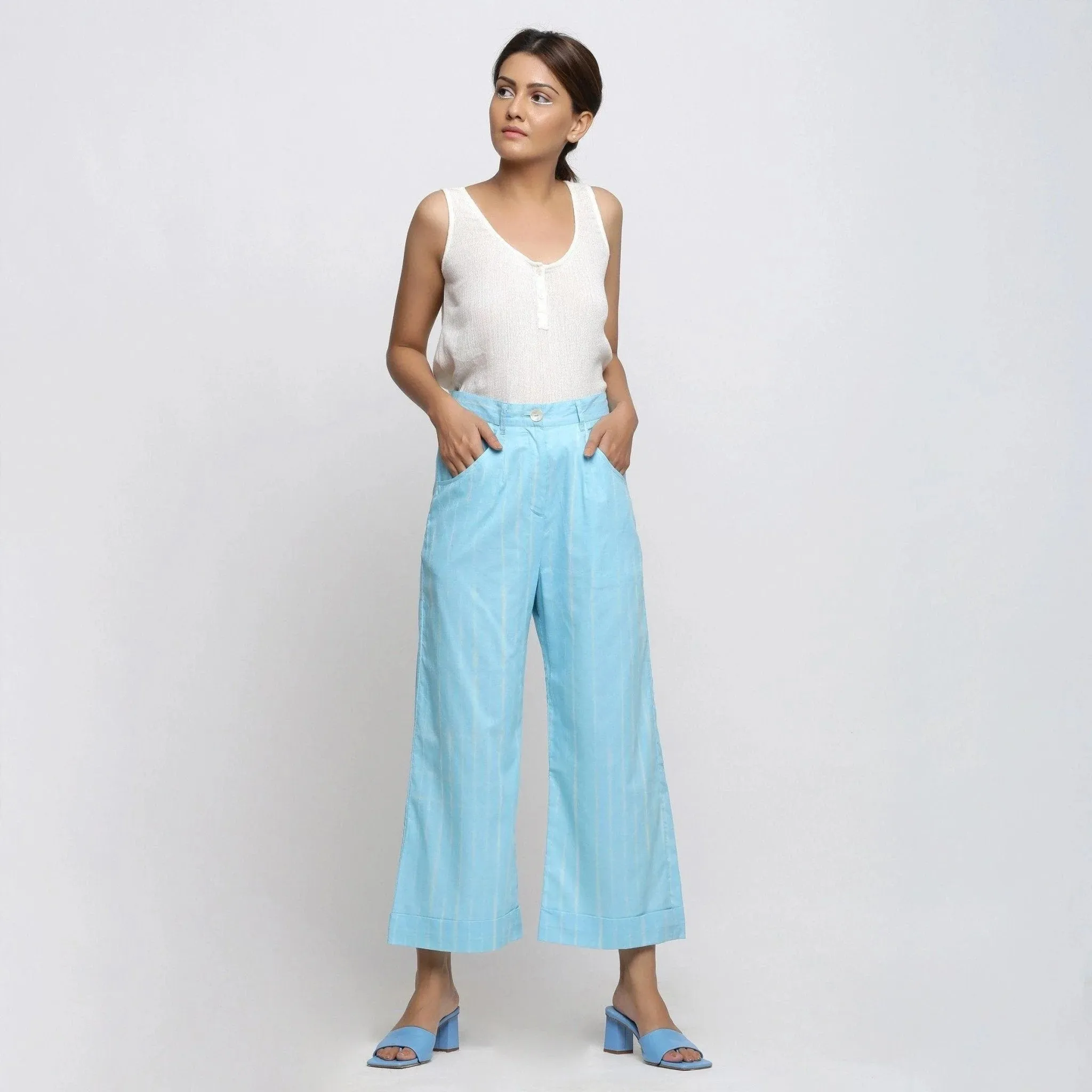 Blue Hand Tie Dye Cotton Mid-Rise Wide Legged Pant