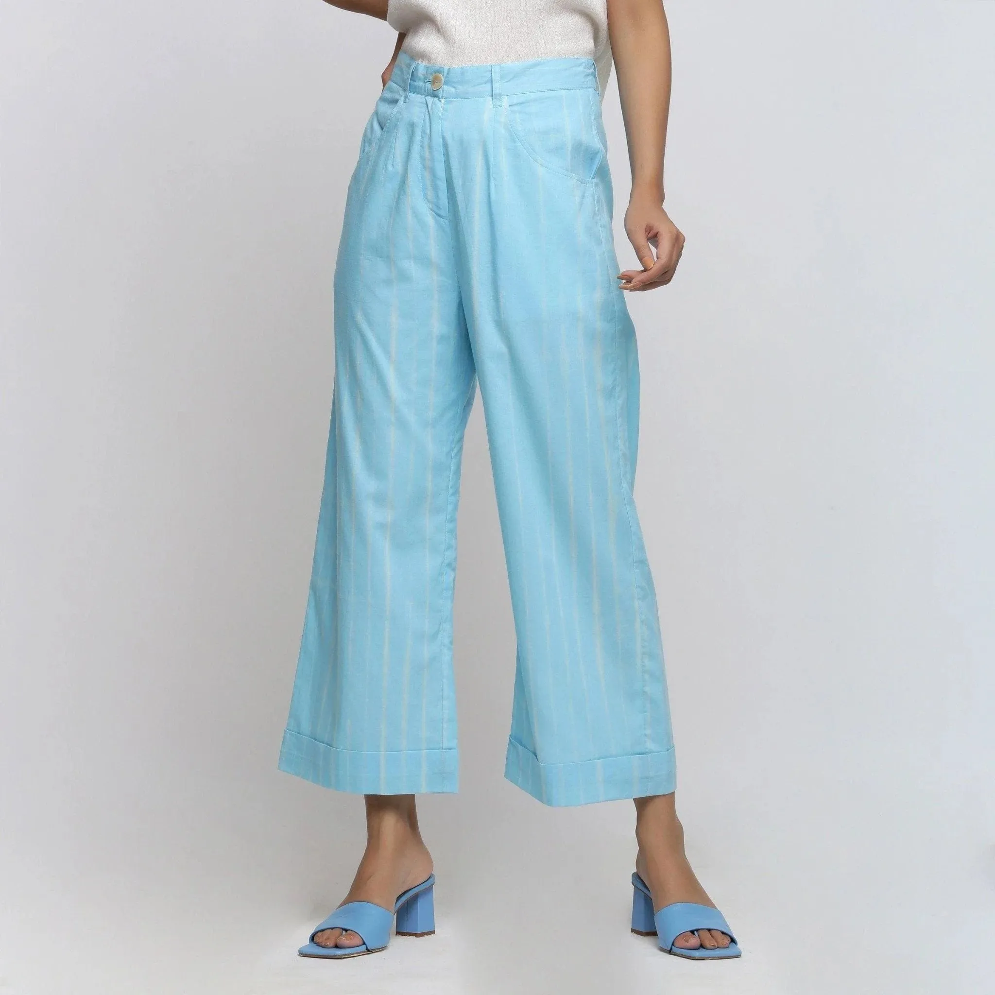 Blue Hand Tie Dye Cotton Mid-Rise Wide Legged Pant