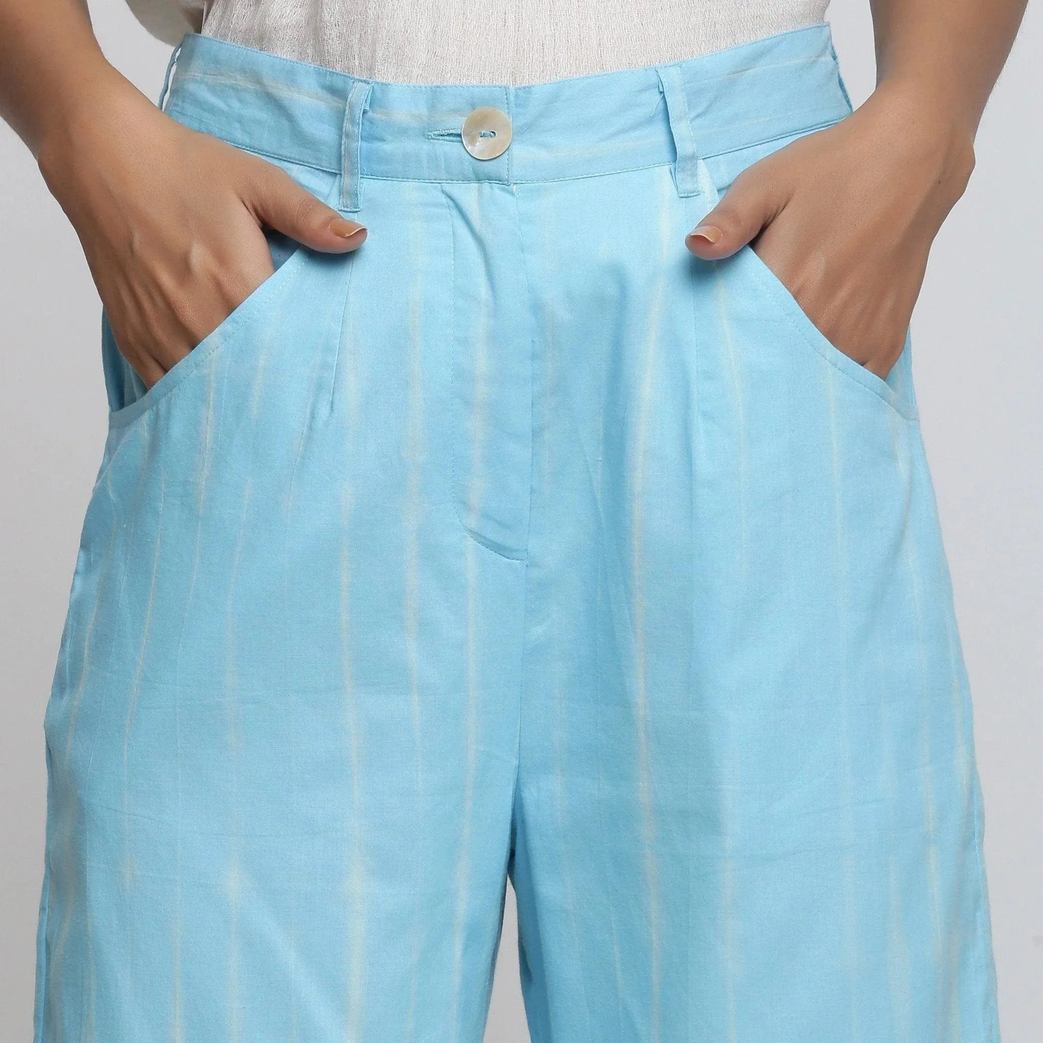 Blue Hand Tie Dye Cotton Mid-Rise Wide Legged Pant