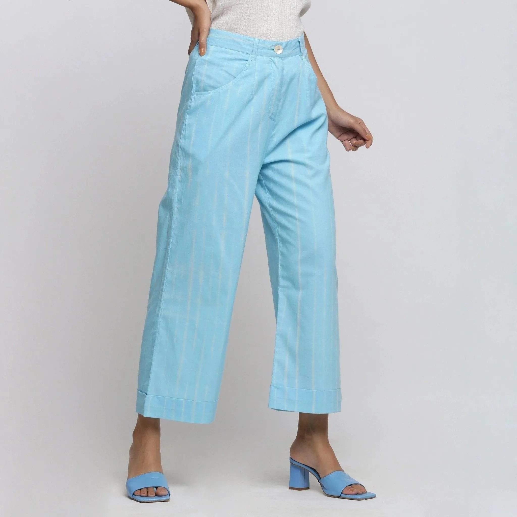 Blue Hand Tie Dye Cotton Mid-Rise Wide Legged Pant