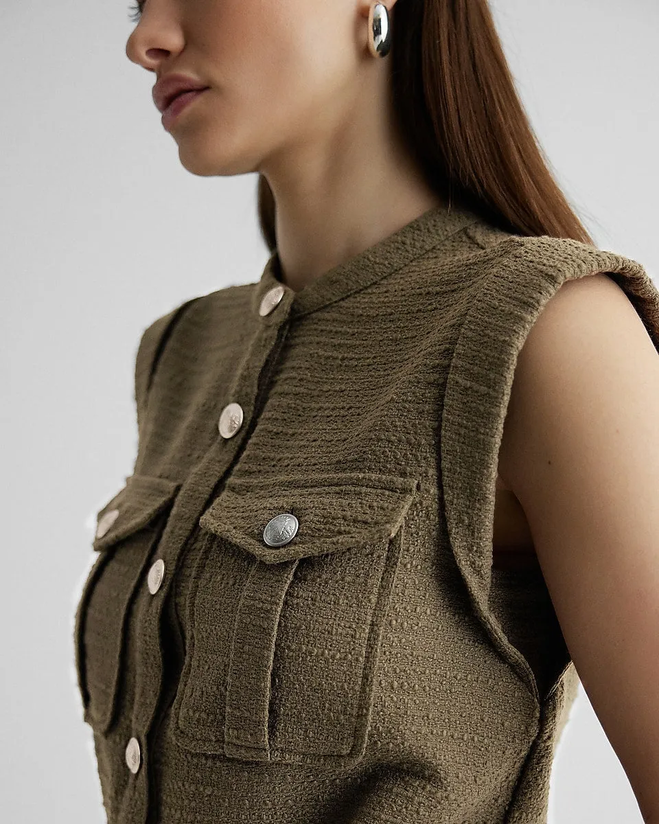 Boucle Tweed Button Front Smocked Bottom Utility Top in Green Gold