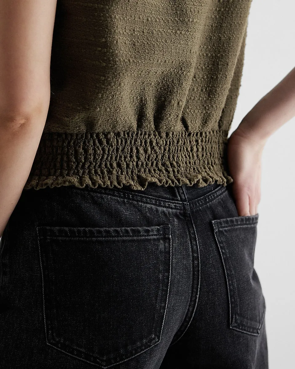 Boucle Tweed Button Front Smocked Bottom Utility Top in Green Gold