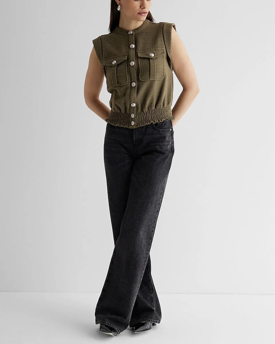 Boucle Tweed Button Front Smocked Bottom Utility Top in Green Gold