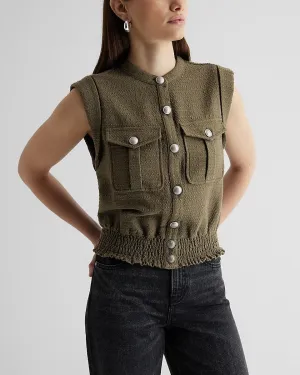 Boucle Tweed Button Front Smocked Bottom Utility Top in Green Gold