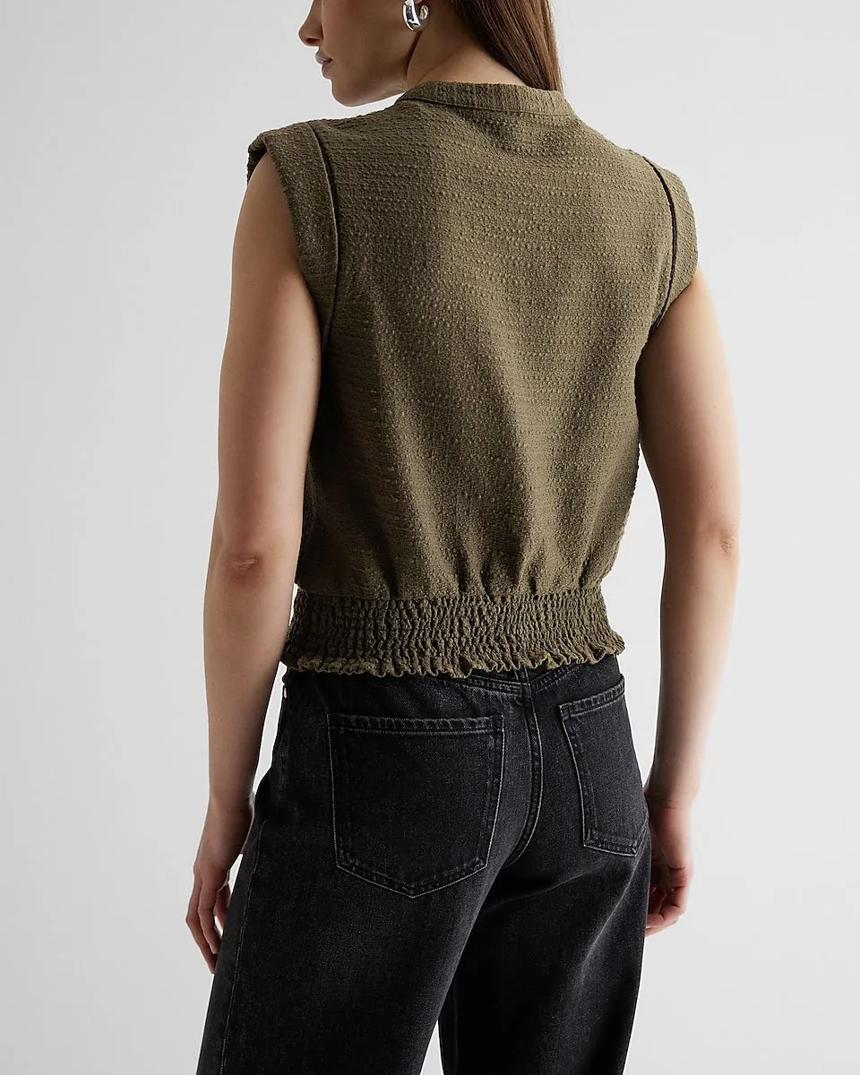 Boucle Tweed Button Front Smocked Bottom Utility Top in Green Gold