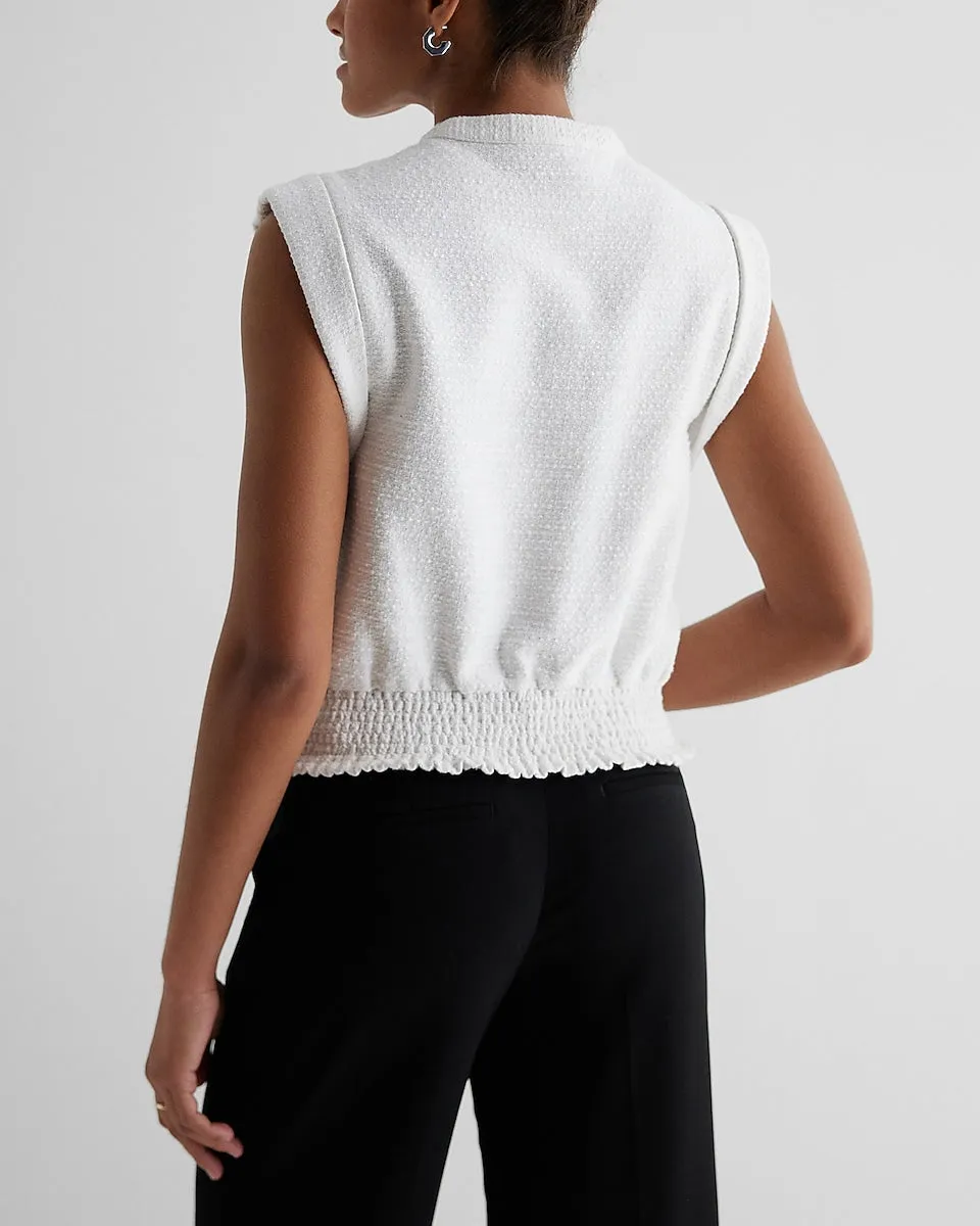 Boucle Tweed Button Front Smocked Bottom Utility Top in White