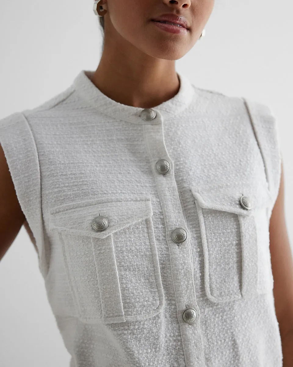 Boucle Tweed Button Front Smocked Bottom Utility Top in White