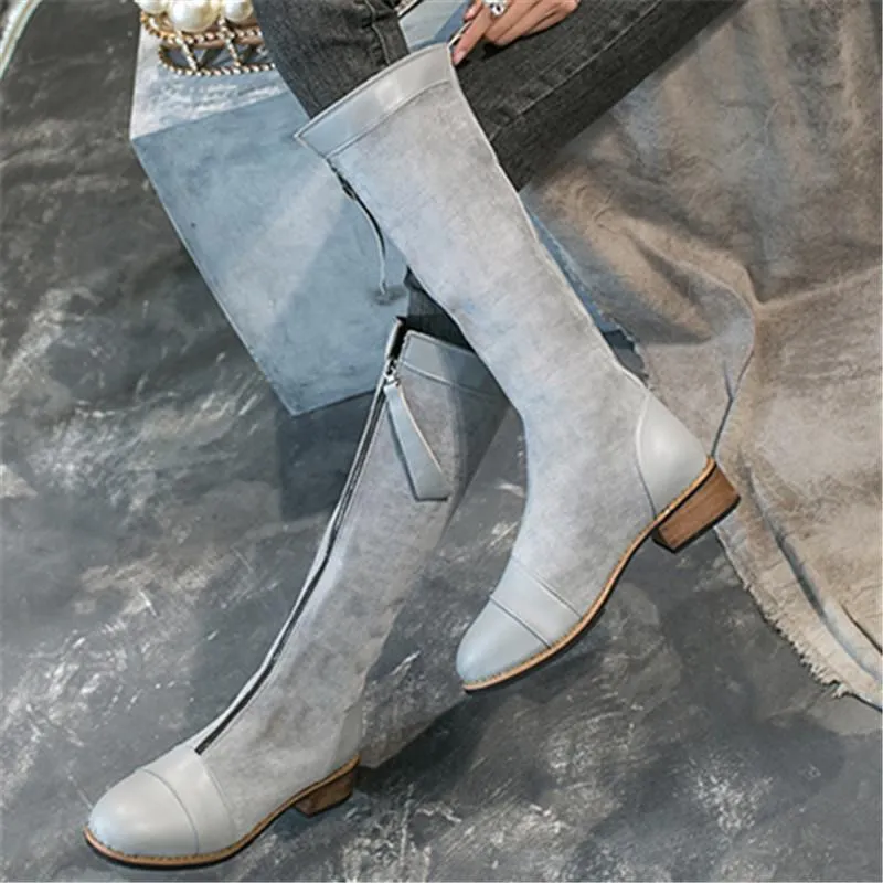 Chicvane New Chunky Buckle Zipper Closure Round Heel Mid Calf Boots