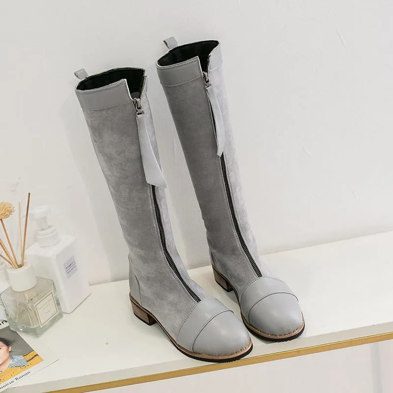 Chicvane New Chunky Buckle Zipper Closure Round Heel Mid Calf Boots