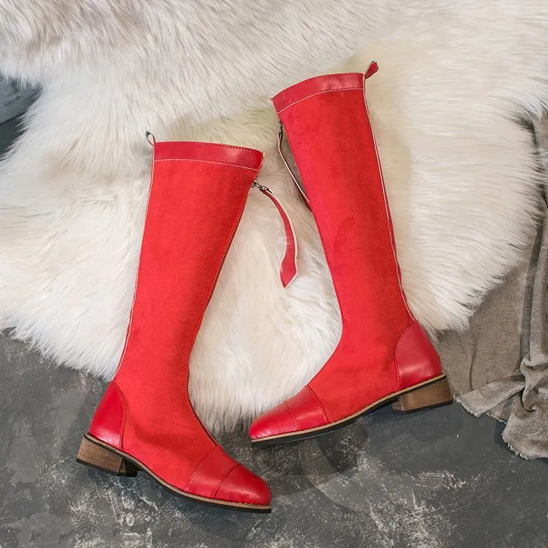 Chicvane New Chunky Buckle Zipper Closure Round Heel Mid Calf Boots