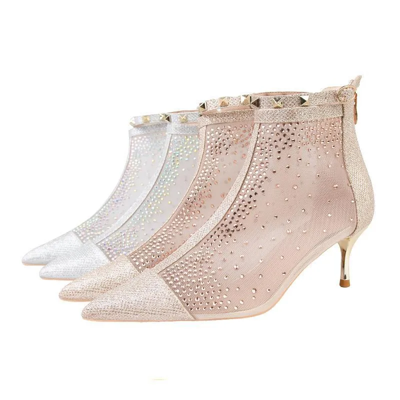 Chicvane Sheer Mesh Rhinestone Pointed Toe Kitten Heel Buckle Ankle Boots With Rivet