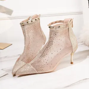 Chicvane Sheer Mesh Rhinestone Pointed Toe Kitten Heel Buckle Ankle Boots With Rivet