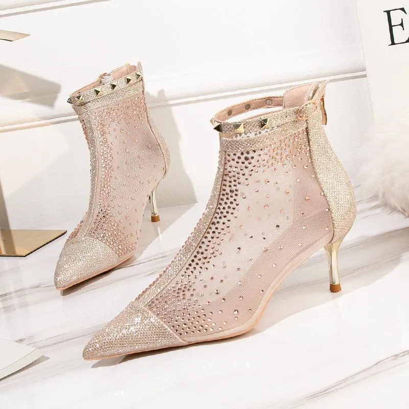 Chicvane Sheer Mesh Rhinestone Pointed Toe Kitten Heel Buckle Ankle Boots With Rivet
