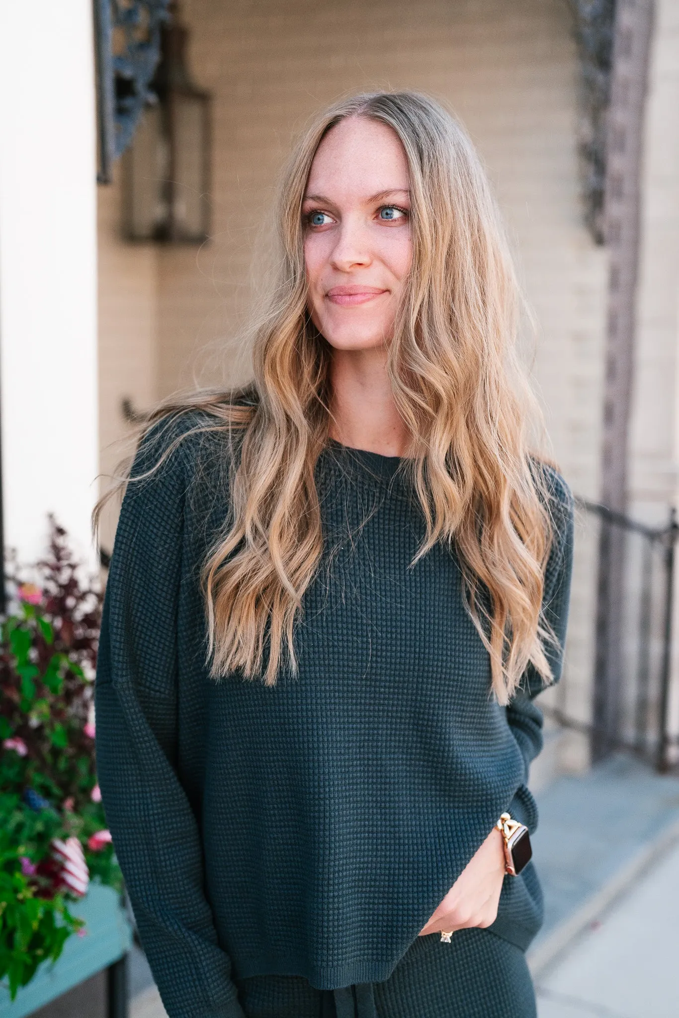 Comfy Girl Era Waffle Knit Sweater - Pine Green