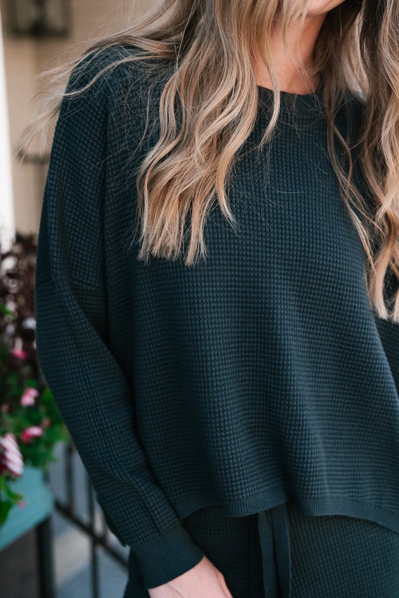 Comfy Girl Era Waffle Knit Sweater - Pine Green