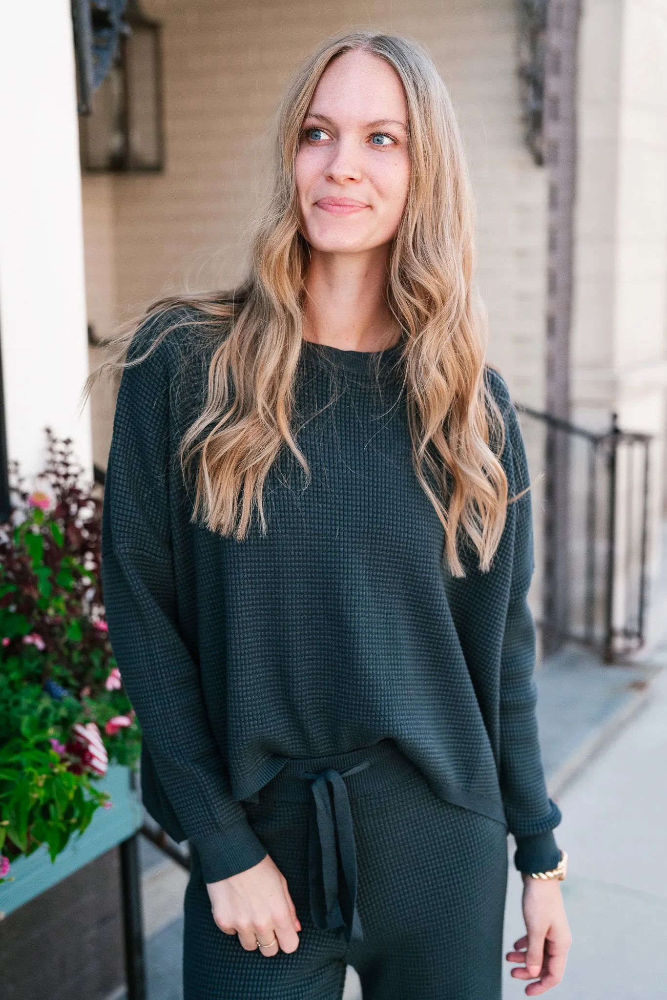 Comfy Girl Era Waffle Knit Sweater - Pine Green