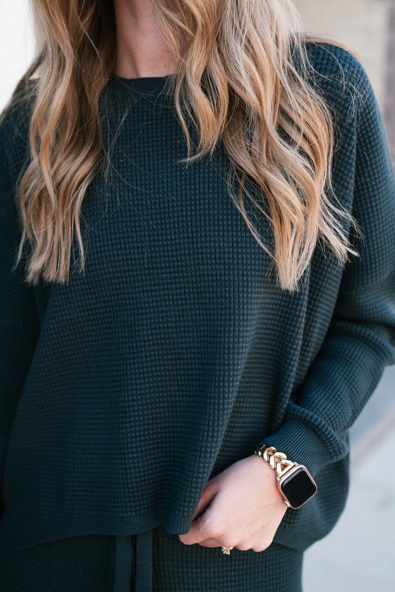 Comfy Girl Era Waffle Knit Sweater - Pine Green
