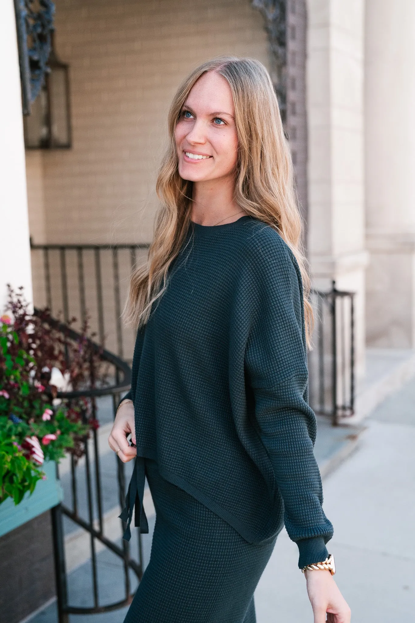 Comfy Girl Era Waffle Knit Sweater - Pine Green