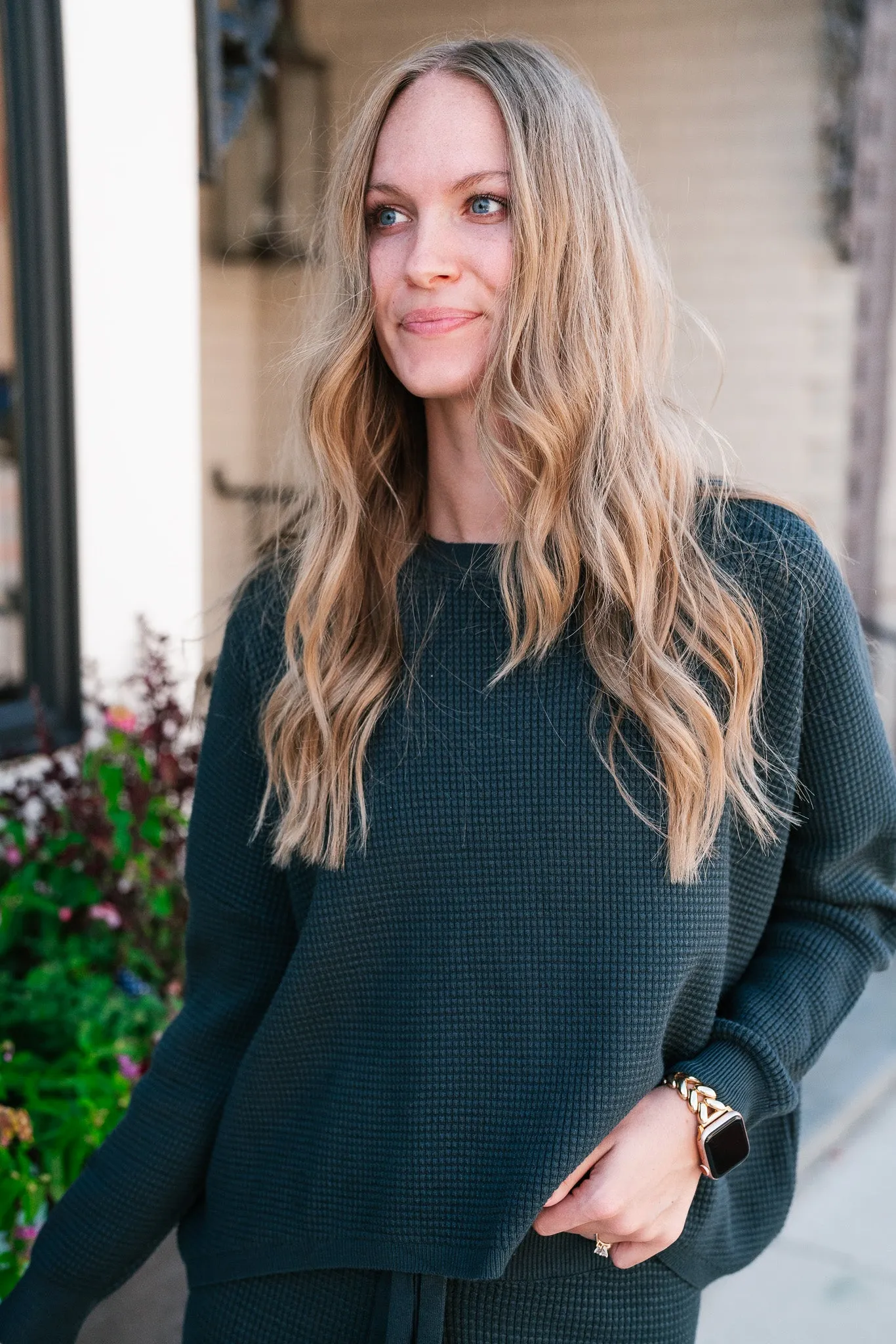 Comfy Girl Era Waffle Knit Sweater - Pine Green