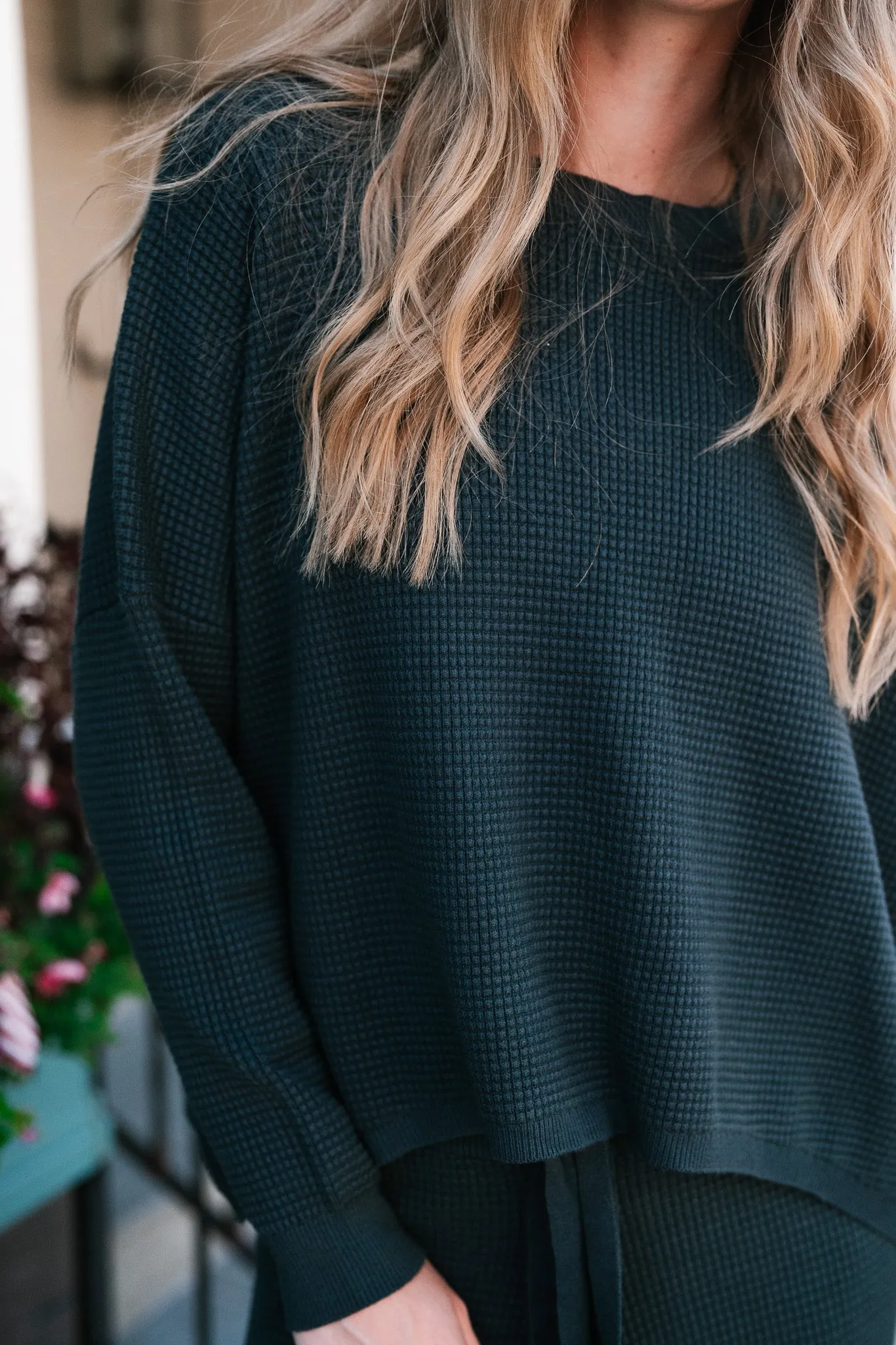 Comfy Girl Era Waffle Knit Sweater - Pine Green
